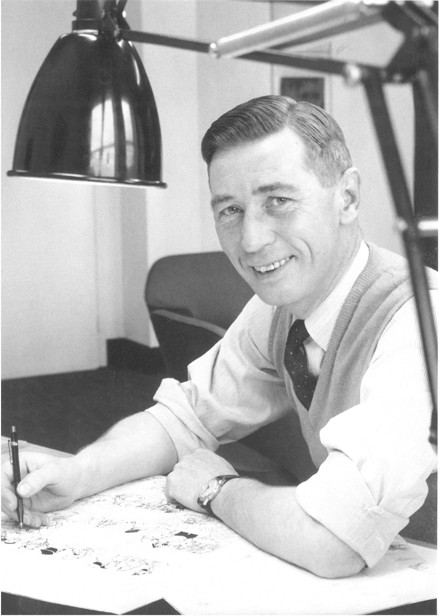 Hergé in his studio postcard