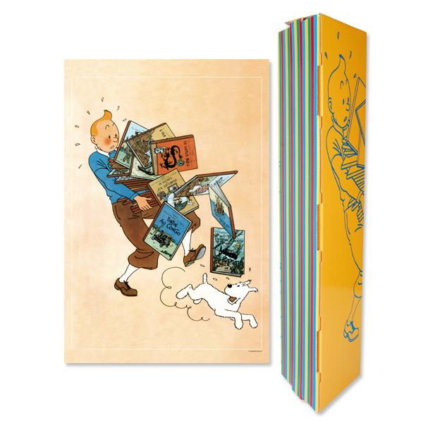Affiche de Tintin tenant des albums